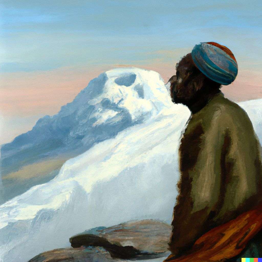 someone gazing at Mount Everest, painting from the 19th century